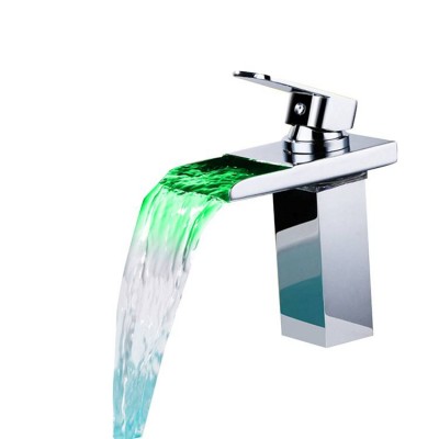 Chrome Plating Square Green Led Basin Taps Single Handle Waterfall Mixer Faucet For Hotel