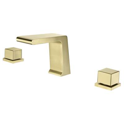 Square design 2020 latest brass zinc alloy brushed gold three hole basin faucet